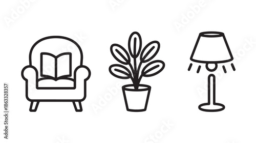 Home furniture and decor icons for interior design app ui minimalist line art vector