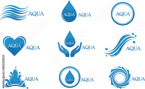 Aqua water drop logo collection, clean blue wave icons, liquid splash emblem design, modern nature symbol, fresh water branding vector