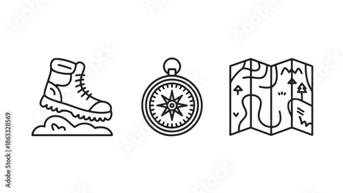 Outdoor adventure and navigation tools for travel app ui line art vector icons