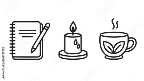Journaling, relaxation and comfort symbols for app ui minimalist line icons