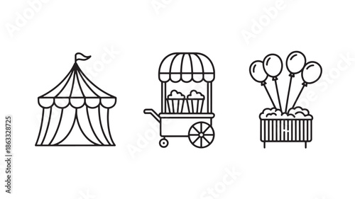 Carnival and fair event elements with circus tent, popcorn cart and balloons outline vector icons