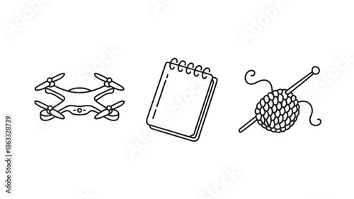 Hobby and leisure activity icons with drone, notebook and knitting supplies minimalist line art vector set