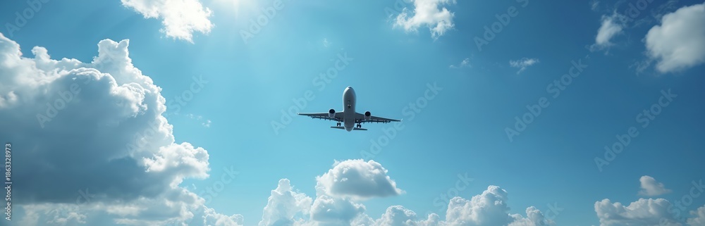 Fototapeta premium Passenger airplane flies high in clear blue sky with white fluffy clouds. Commercial jetliner travels above atmosphere. Journey aviation travel concept.
