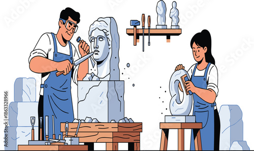 Artists sculpting stone statues in workshop, creative craftsmanship, male and female sculptors working with tools, artistic sculpture process, handmade art creation