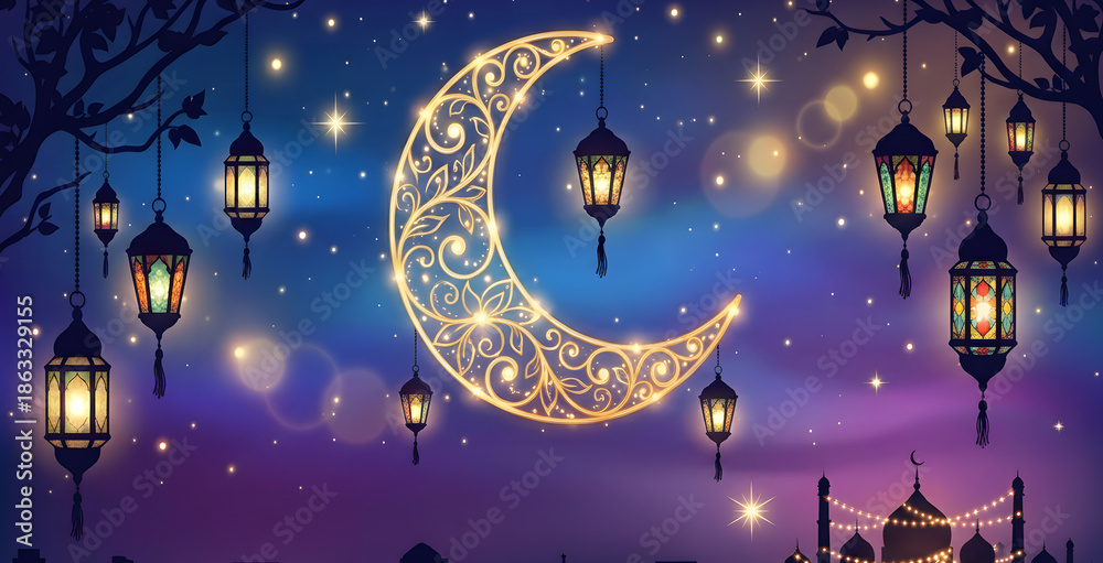 Fototapeta premium Ramadan Kareem Horizontal Banner with Gold Moon and Hanging Lanterns