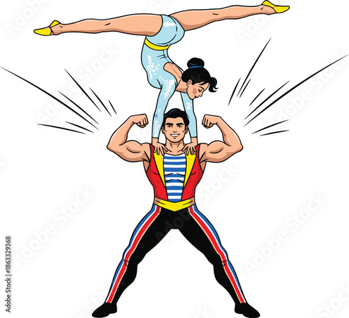 Acrobatic performance, circus strength, balancing act, male and female acrobats, handstand pose, athletic skill, coordination, flexibility, stage show, entertainment