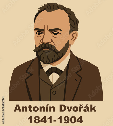 portrait of composer Antonin Dvorak in a classic costume. Vector style, date signature. The theme of classical music and history.