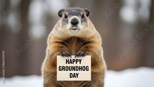 Groundhog holding a happy groundhog day sign in the snow