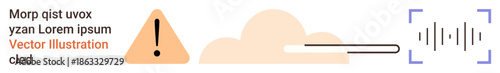 Cybersecurity, data protection, network safety, cloud security, system monitoring, threat detection. Warning icon, cloud soundwave scanner graphic. Cybersecurity and data protection concept