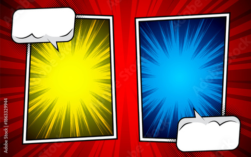Comic cartoon versus fight background with two battle panels and speech bubbles for text