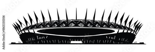 soccer stadium vector illustration with modern football arena exterior architecture in black and white