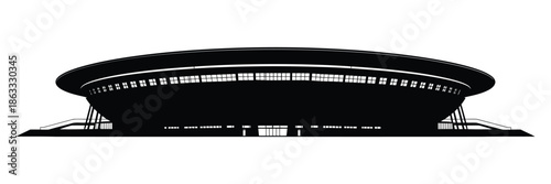 soccer stadium vector illustration with modern football arena exterior architecture in black and white
