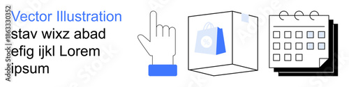 E-commerce, scheduling, shopping, customer interaction, online retail, time management. A hand pointing upward, shopping bag in box and calendar icons . E-commerce and scheduling concept