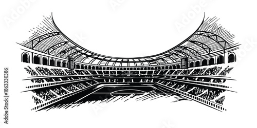 soccer stadium vector illustration with modern football arena exterior architecture in black and white