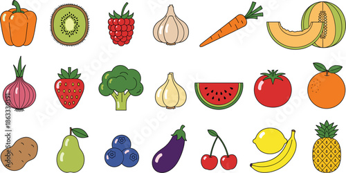 Large Collection of Fresh Organic Fruits and Vegetables Featuring Bell Pepper, Kiwi, Garlic, Carrot, Melon, Broccoli, and Berries for Healthy Eating and Nutrition Designs