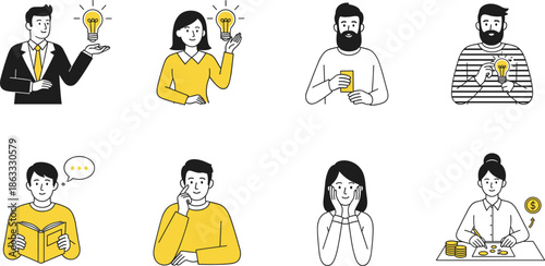 Professional Character Icon Set Featuring Creative Thinking, Financial Management, Problem Solving, Innovation, and Educational Learning Concepts for Business Presentations and Web Design