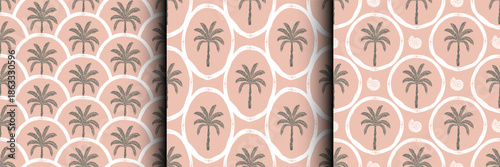 palm tree, marine theme retro geometric seamless pattern, texture background set. Trendy swimwear design, ornament print , banner, wrapping paper, greeting card