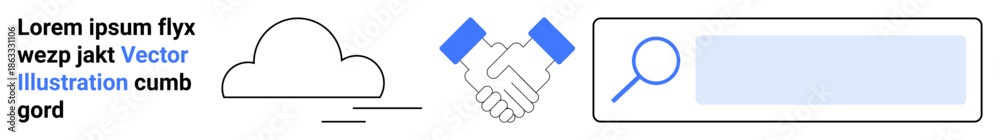 Obraz premium Cloud computing, communication tools, teamwork, partnerships, digital search, collaboration. Minimalist icons with a cloud, handshake and search interface. Cloud computing and communication tools