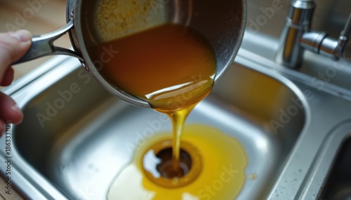 Person pours hot cooking oil from pan into kitchen sink drain. Liquid fat goes down pipe creating potential blockage. Disposal of grease hazard.