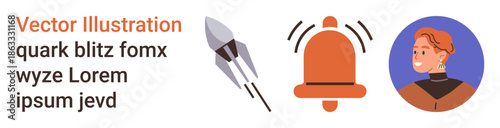 Digital communication, notifications, technology, message alerts, profile identity, user interface. A rocket, a bell icon and a person s profile picture. Digital communication and notifications