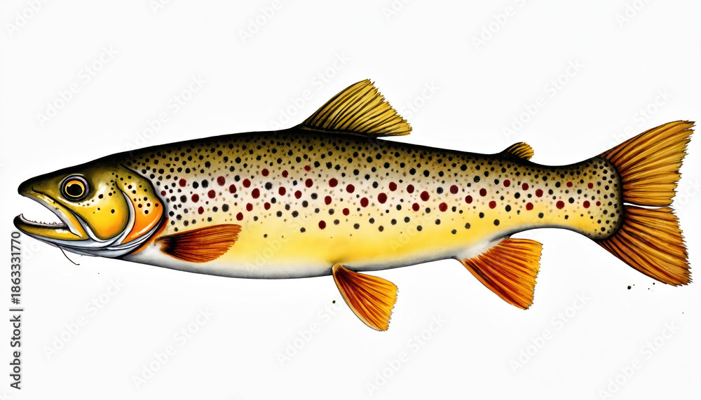 Fototapeta premium Brown trout illustration, isolated on white background. Spotted fish with open mouth and orange fins. Watercolor style art for fishing or food concepts.