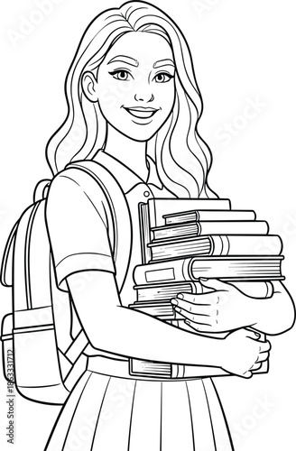 Black and white student illustration, backpack, books, schoolgirl sketch, academic line art, education, study, pleated skirt, smiling, learning, classroom