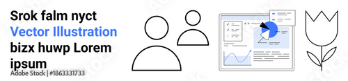 Data analysis, teamwork, digital trends, business growth, technology, user interface. Graphs, people symbols tulip and text interface. Data analysis and teamwork elements visually linked