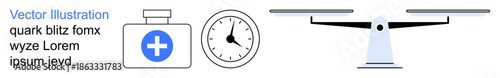 Healthcare, time management, justice, balance, medical services, decision-making. Cross-mark box, clock weighing scale symbols. Healthcare and time management conceptual ideas