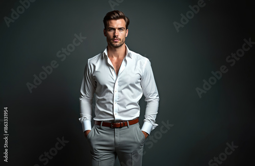 Man with stylish hair in white dress shirt grey pants hands in pockets stands confidently against dark grey background. Clean modern look shows elegance and fashion.