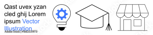 Innovation, education, entrepreneurship, strategy, learning, commerce. Light bulb with gear, graduation cap and storefront icons. Innovation and education ideas for modern business concepts