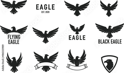 Black eagle logo set, flying eagle silhouette emblem, vintage bird insignia, heraldic falcon design, powerful wings symbol, vector illustration