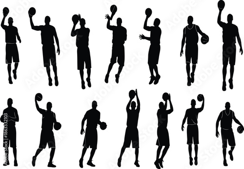 Basketball player silhouette, dynamic poses, dribbling, shooting, passing, sports motion, athletic movement, black figure, action, isolated, vector illustration