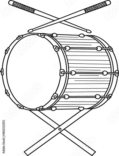Bass drum illustration, crossed drumsticks, black and white sketch, percussion instrument, marching band art, musical drawing, symmetrical composition, vintage style