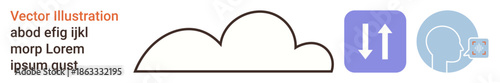 Cloud computing, data transfer, user authentication, storage solutions, remote access, cybersecurity. A cloud icon, arrows and user profile. Cloud computing and data transfer