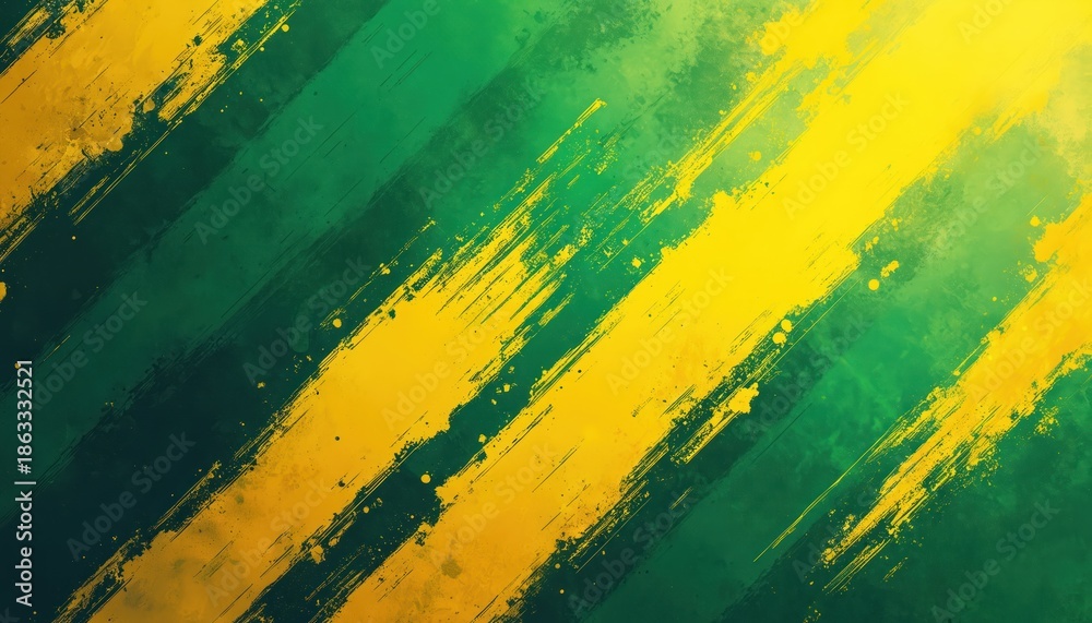 Obraz premium Abstract illustration with diagonal brush strokes in yellow, green shades. Dynamic grunge texture with splatters, scratches, creating vibrant, energetic background. Perfect for sports or art themes.