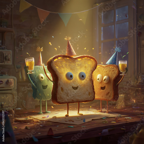 Whimsical Birthday Party with Cute Bread Characters Celebrating at Home