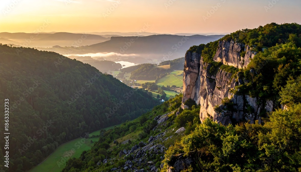 Naklejka premium Mountain Landscape with Cliff and Fog at Sunrise.
