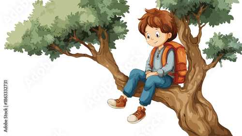 Young Adventurous Boy Sitting on Tree - Cartoon Vector Illustration