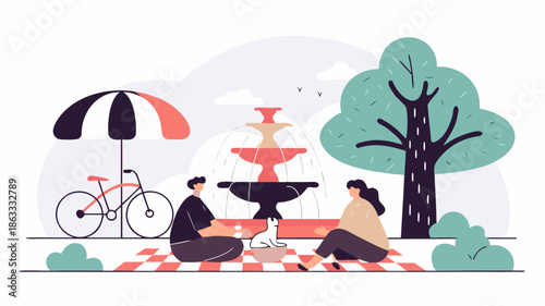 Couple enjoying picnic with dog in park by fountain and tree