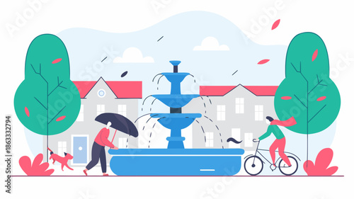 People enjoying a windy day in a park with a fountain