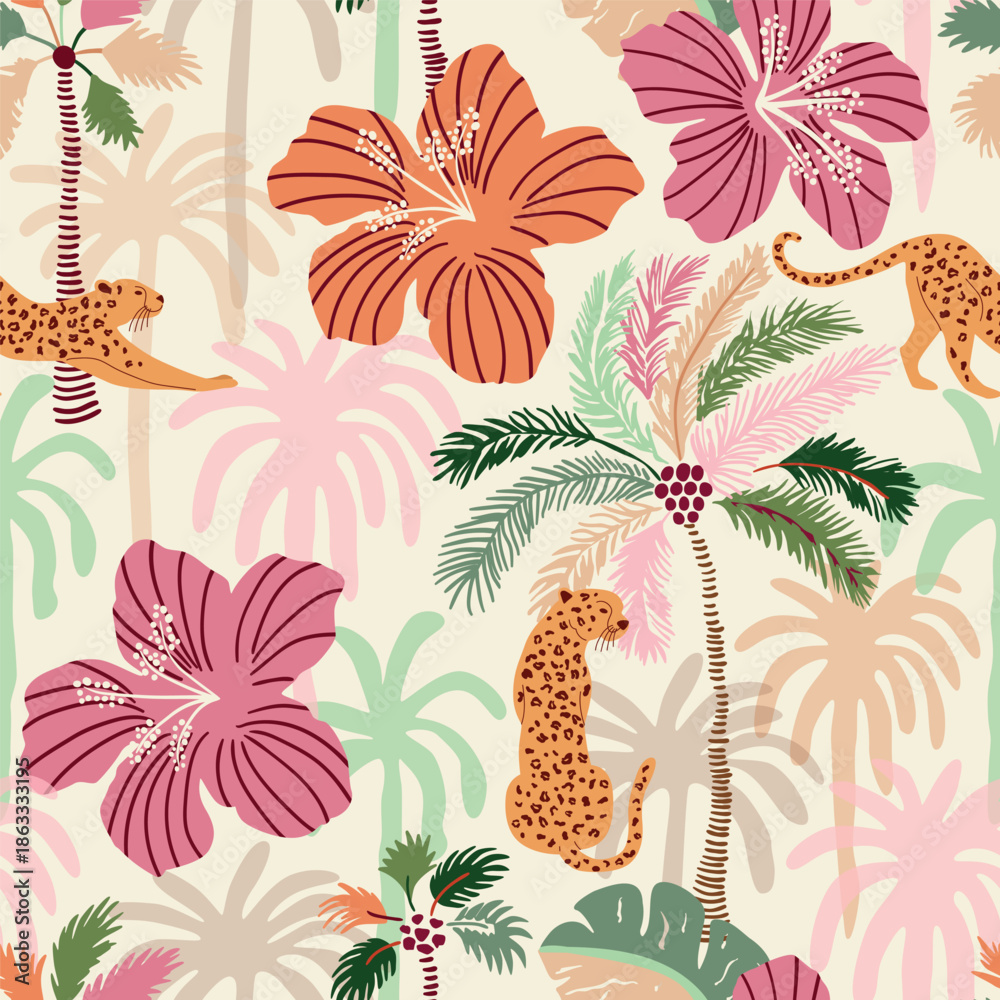 Fototapeta premium Tropical floral jungle seamless pattern with palms, leopard, coral hibiscus flowers. Hand drawn jungle plants, Hawaii summer beach vector surface design, wallpapers, textile, repeat background, print.