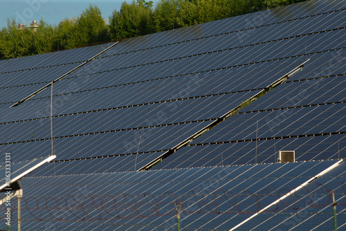 Canvas Print Closeup photovoltaic panels showing rails and reflection, detailed hardware view