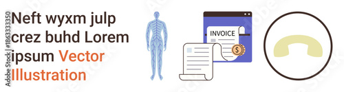 Financial transactions, medical studies, digital communications, billing, human anatomy, customer support. Human skeleton, invoice and telephone icons. Financial transactions and medical studies