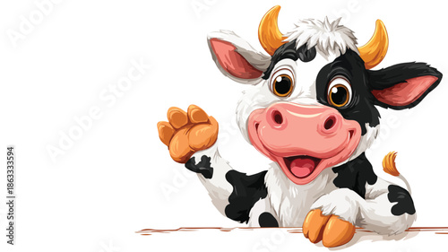 Cute Cartoon Cow Waving on White Background with Outline - Vector Illustration