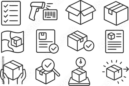 Logistics and package delivery service line icon set