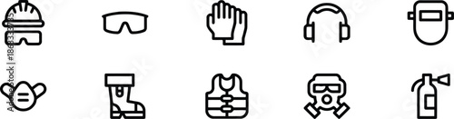 Set of essential personal protective equipment line art icons for safety