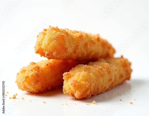 Golden brown fish sticks with crispy breadcrumbs arranged on a clean white surface. Savory seafood snack, perfect for quick meals and appetizers. Delicious comfort food ready to eat.