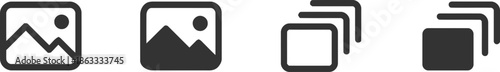 Set of four image gallery and screen sharing icons in outline and solid dark styles