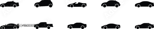 Set of various car silhouettes passenger vehicles and trucks transportation auto collection