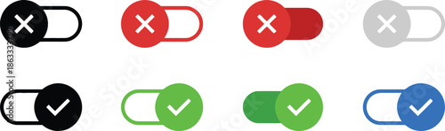 Toggle switch icons with cross and checkmark in multiple colors